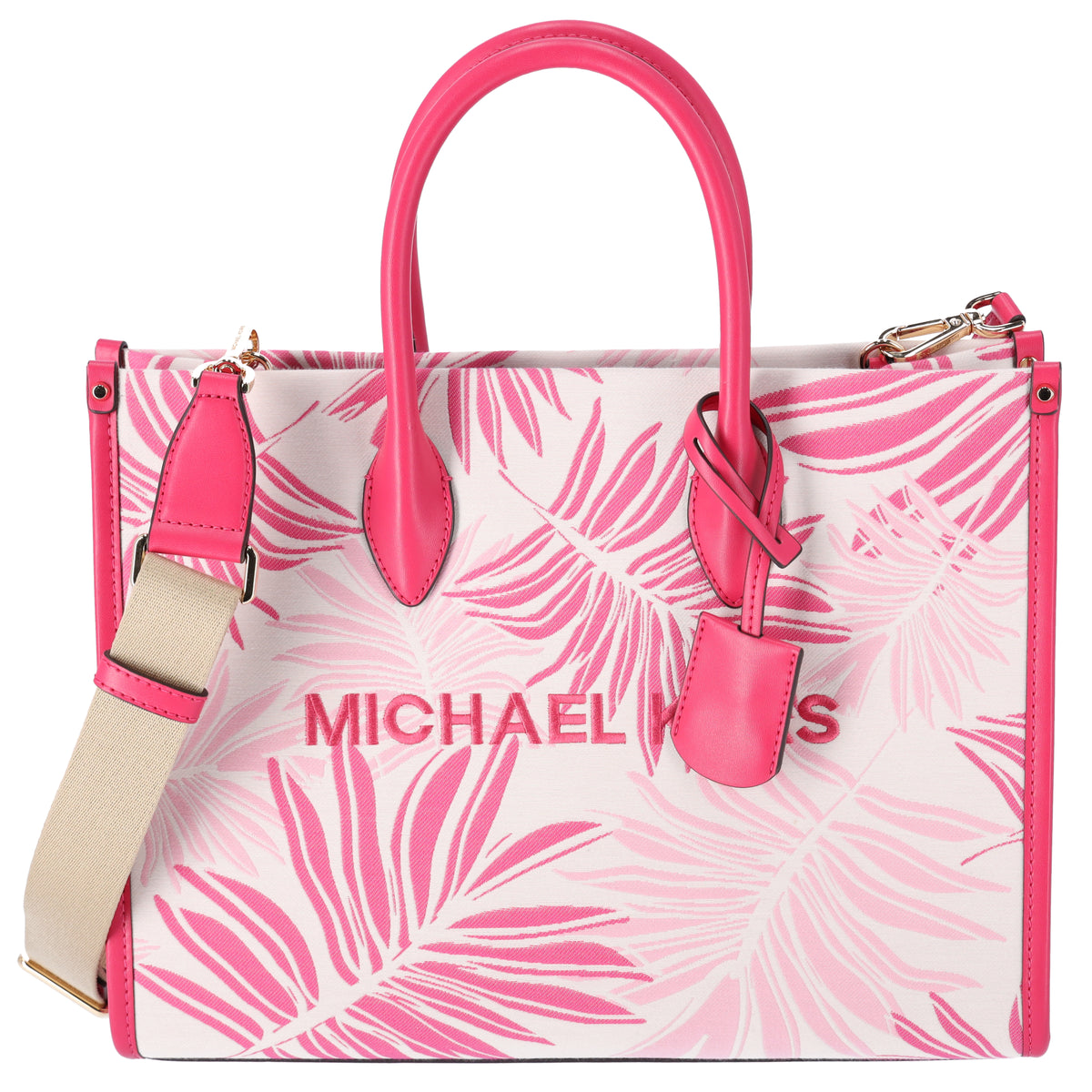 michael kors monstera bag Michael Kors Mirella Medium East West Tote Electric Pink Multi Palm Tree Leaves