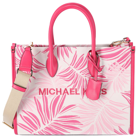 Michael Kors Mirella Medium East West Tote Electric Pink Multi Palm Tree Leaves