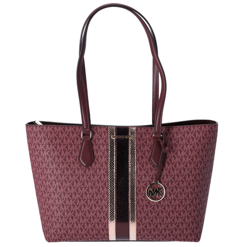 Michael Kors Sheila Large Signature Logo Tote Bag Oxblood Stripe MK Metallic