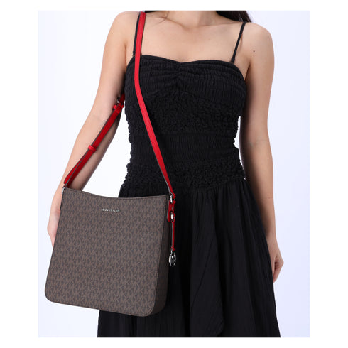 Michael Kors Jet Set Travel Large Messenger Bag Crossbody Brown MK Bright Red