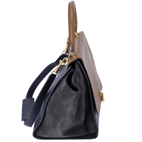 Celine Trapeze Medium Handbag Light Brown Dark Navy Leather Suede