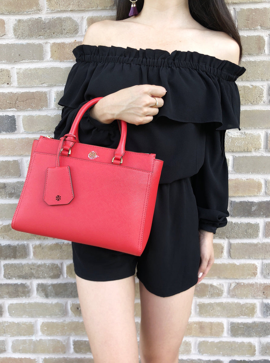 Tory Burch Robinson Small Double Zip Tote Satchel Bag Poppy Orange 