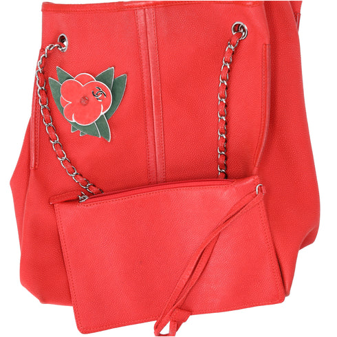 CHANEL Red Caviar Leather Camellia Drawstring Bag with Pouch