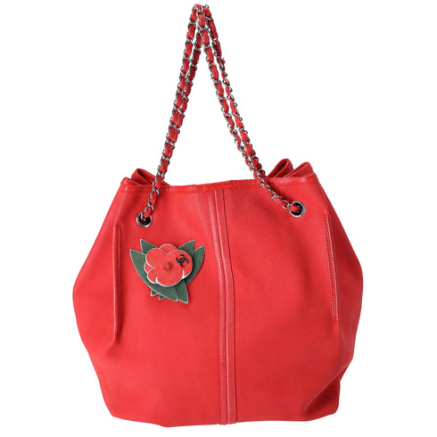 CHANEL Red Caviar Leather Camellia Drawstring Bag with Pouch