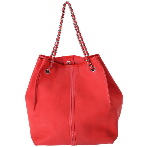 CHANEL Red Caviar Leather Camellia Drawstring Bag with Pouch