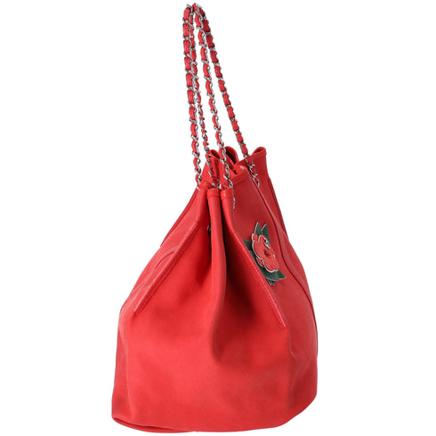 CHANEL Red Caviar Leather Camellia Drawstring Bag with Pouch