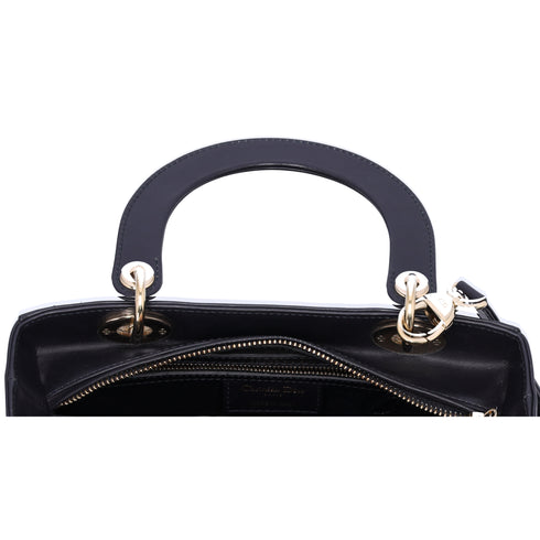 Christian Dior Lady Dior Medium Bag Handbag Black Blue Calf Skin