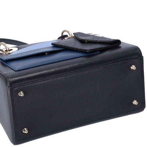 Christian Dior Lady Dior Medium Bag Handbag Black Blue Calf Skin