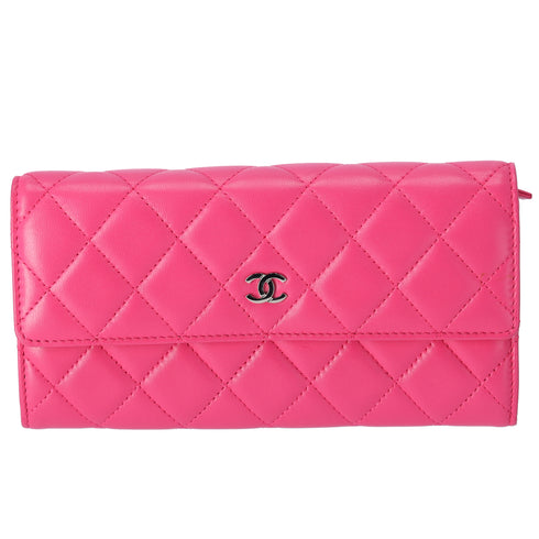 CHANEL Matelasse Long Flap Wallet Fuschia Pink Lambskin