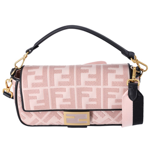 FENDI Mamma Baguette Zucca Pattern Handbag 8BR600 Pink Beige Black Jacquard