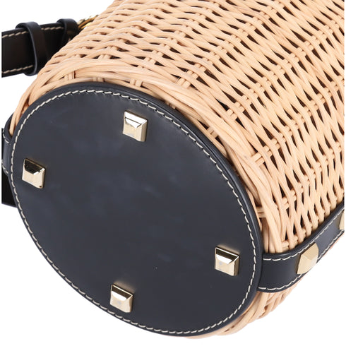 Salvatore Ferragamo Gancini Drawstring Bucket Bag Wicker Studded Leather + Pouch