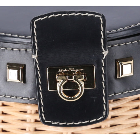 Salvatore Ferragamo Gancini Drawstring Bucket Bag Wicker Studded Leather + Pouch