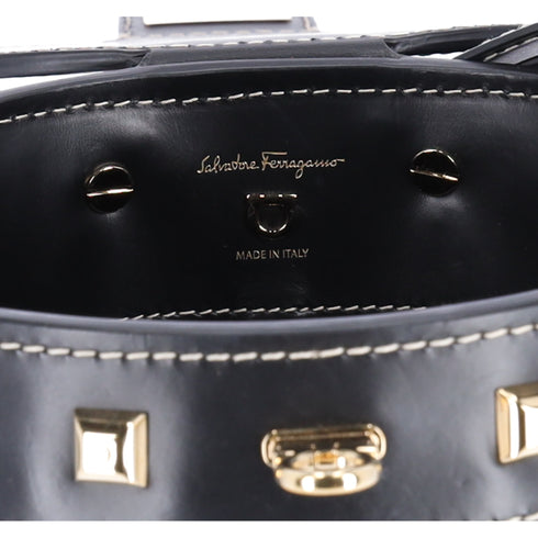 Salvatore Ferragamo Gancini Drawstring Bucket Bag Wicker Studded Leather + Pouch