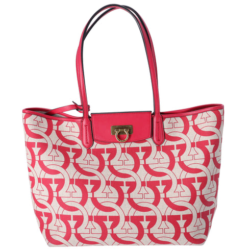 Salvatore Ferragamo Gancini Tote Bag Beige Red Canvas Leather