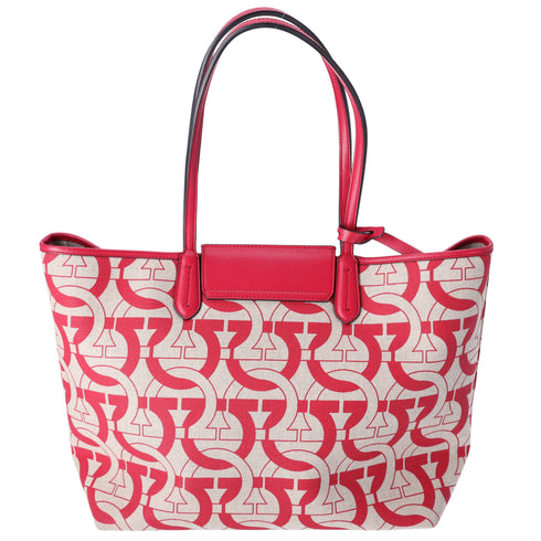 Salvatore Ferragamo Gancini Tote Bag Beige Red Canvas Leather