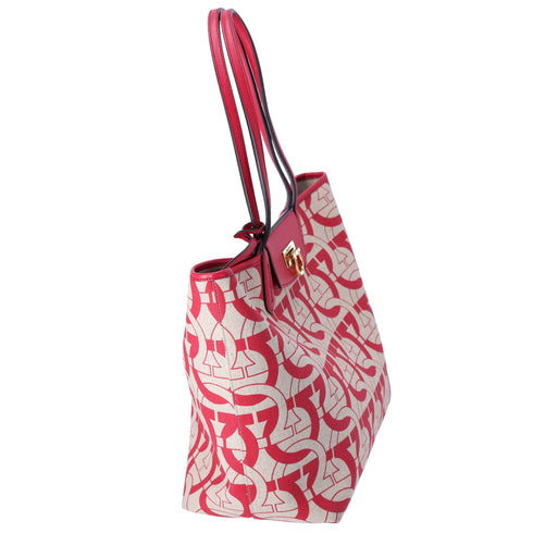 Salvatore Ferragamo Gancini Tote Bag Beige Red Canvas Leather