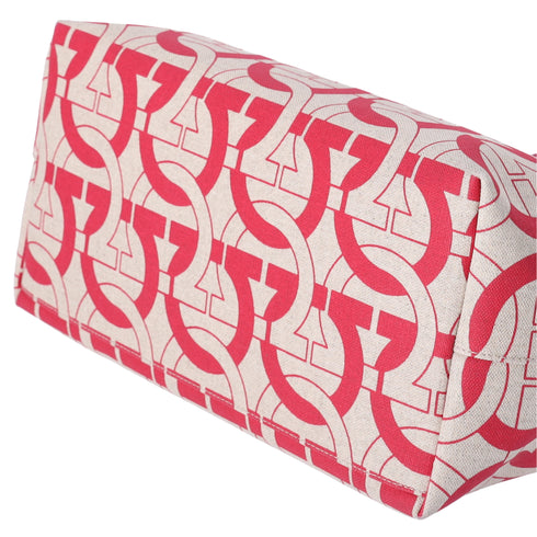 Salvatore Ferragamo Gancini Tote Bag Beige Red Canvas Leather