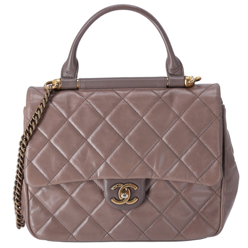 CHANEL Glazed Calfskin Quilted Medium Top Handle Flap Bag Dark Gray