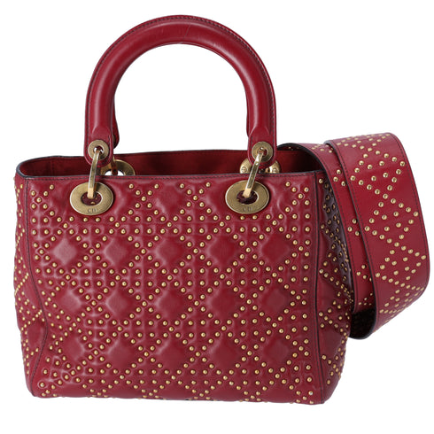 Christian Dior Lady Dior Medium Bag Handbag Red Leather Studded