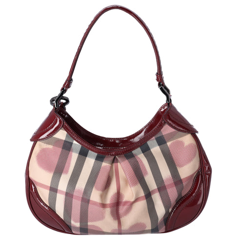 Burberry Nova Check Heart Half Moon Shoulder Bag Bordeaux Beige Multi