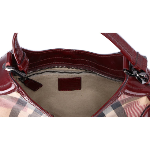 Burberry Nova Check Heart Half Moon Shoulder Bag Bordeaux Beige Multi