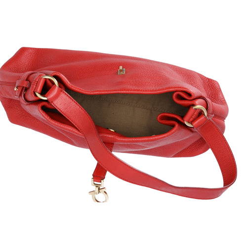 Salvatore Ferragamo Gancini One Shoulder Strap Hobo Pebbled Leather Red