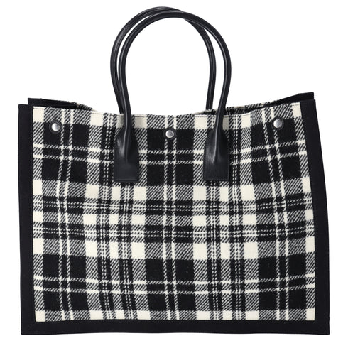 Saint Laurent Rive Gauche Tote Bag 499290 Black White Plaid Wool Leather
