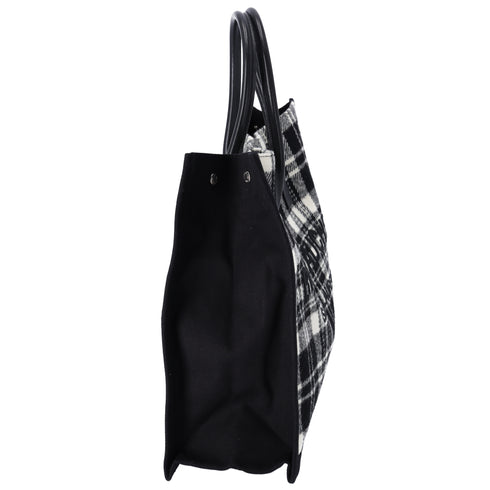 Saint Laurent Rive Gauche Tote Bag 499290 Black White Plaid Wool Leather