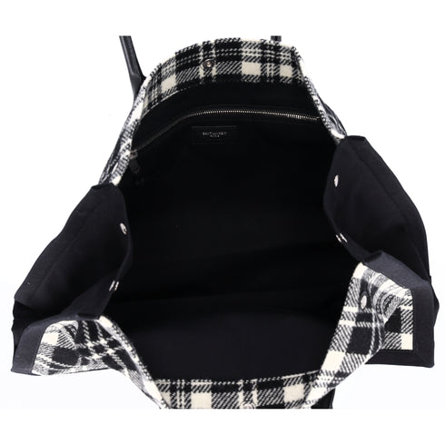 Saint Laurent Rive Gauche Tote Bag 499290 Black White Plaid Wool Leather