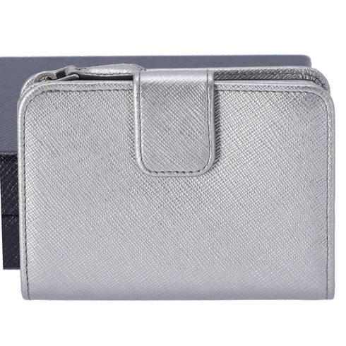 PRADA Bifold Wallet 1ML018 Silver Pink Bow Saffiano Leather