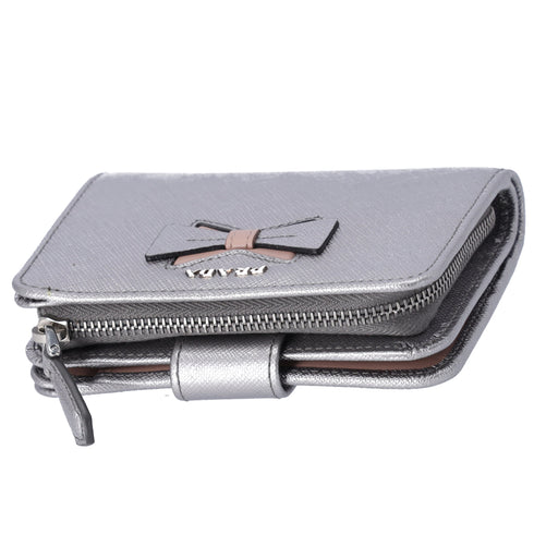 PRADA Bifold Wallet 1ML018 Silver Pink Bow Saffiano Leather