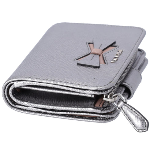 PRADA Bifold Wallet 1ML018 Silver Pink Bow Saffiano Leather