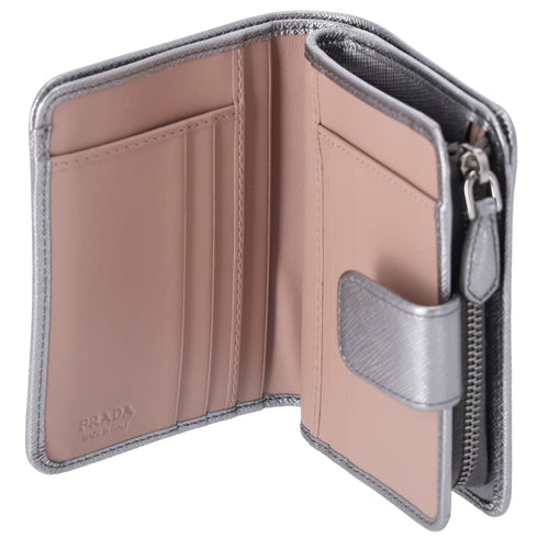 PRADA Bifold Wallet 1ML018 Silver Pink Bow Saffiano Leather