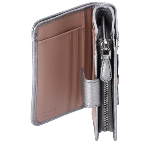 PRADA Bifold Wallet 1ML018 Silver Pink Bow Saffiano Leather