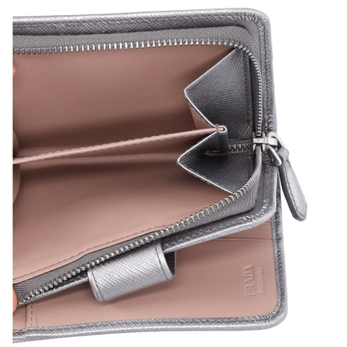 PRADA Bifold Wallet 1ML018 Silver Pink Bow Saffiano Leather