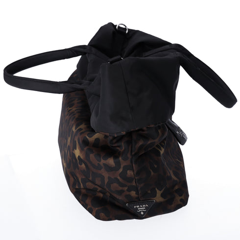 Prada Tessuto Reversible Leopard Print Nylon Tote Bag Brown
