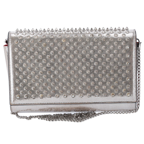 Christian Louboutin Paloma Clutch Chain Crossbody Bag Silver Leather Studded