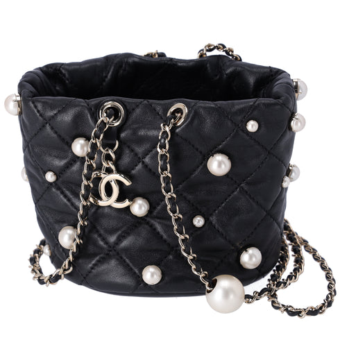 CHANEL About Pearls Drawstring Mini Bucket Bag Black Lambskin