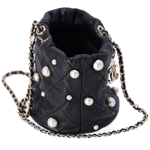 CHANEL About Pearls Drawstring Mini Bucket Bag Black Lambskin