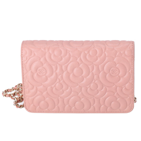 CHANEL Camellia Wallet On Chain WOC Crossbody Pink Caviar Leather