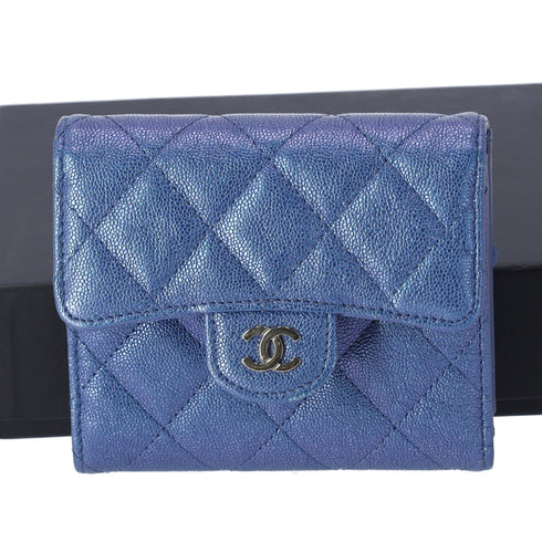CHANEL Matelasse Trifold Wallet Iridescent Blue Caviar Leather