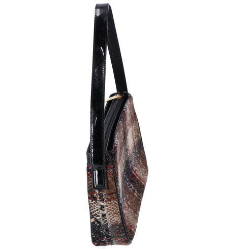 Burberry Shoulder Bag Beige Black Multi Tweed Patent Leather Suede