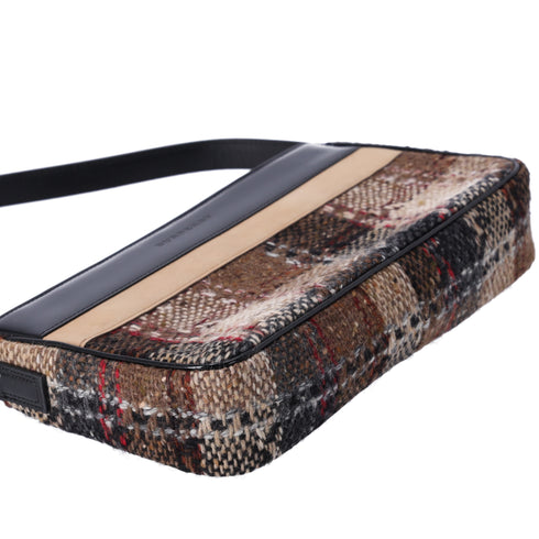 Burberry Shoulder Bag Beige Black Multi Tweed Patent Leather Suede
