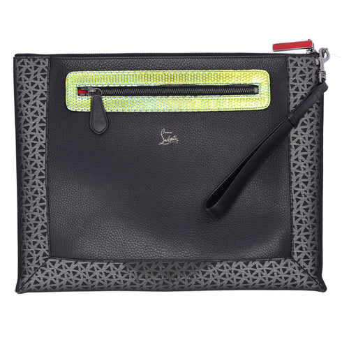 Christian Louboutin Peter Pouch Clutch Bag Black Yellow Fiber Leather