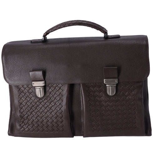 BOTTEGA VENETA Intrecciato Business Bag Dark Brown Leather
