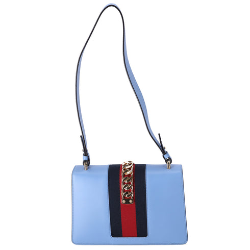 GUCCI Sylvie Shoulder Bag 421882 Light Blue Navy Multi Leather