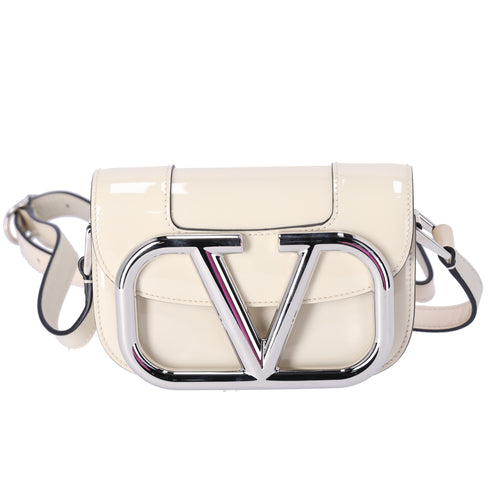 Valentino V logo Signature Shoulder Bag Cream Patent Leather