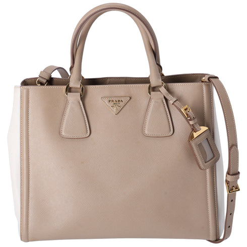PRADA Triangle Logo Tote Bag Gray Beige White Saffiano Leather
