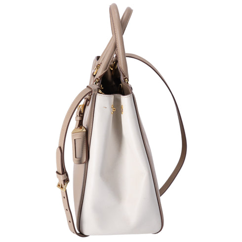 PRADA Triangle Logo Tote Bag Gray Beige White Saffiano Leather