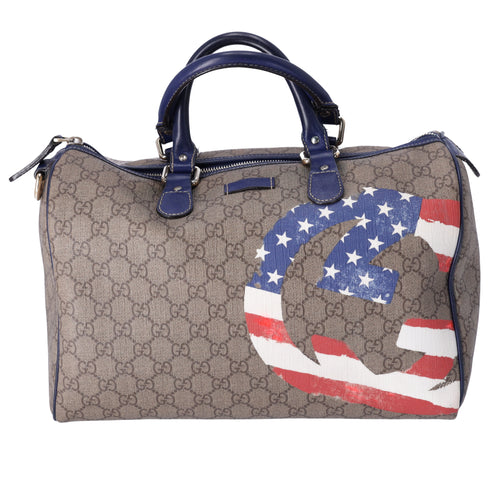GUCCI GG Handbag 195451 Beige Navy Multi PVC Leather US Flag